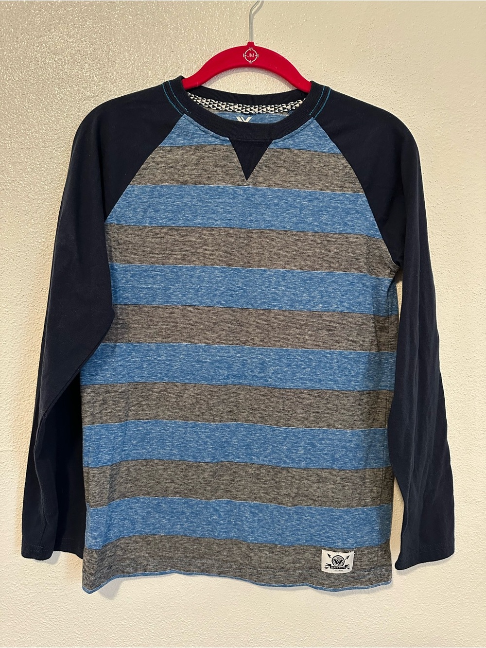 Shaun White Navy Raglan Long-Sleeve Top with Blue & Gray Stripes size 12/14